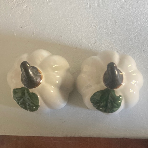 NWT- Set of 2- White Green Leaf Porcelain Glazed Fall Pumpkin Decorations - Picture 5 of 16